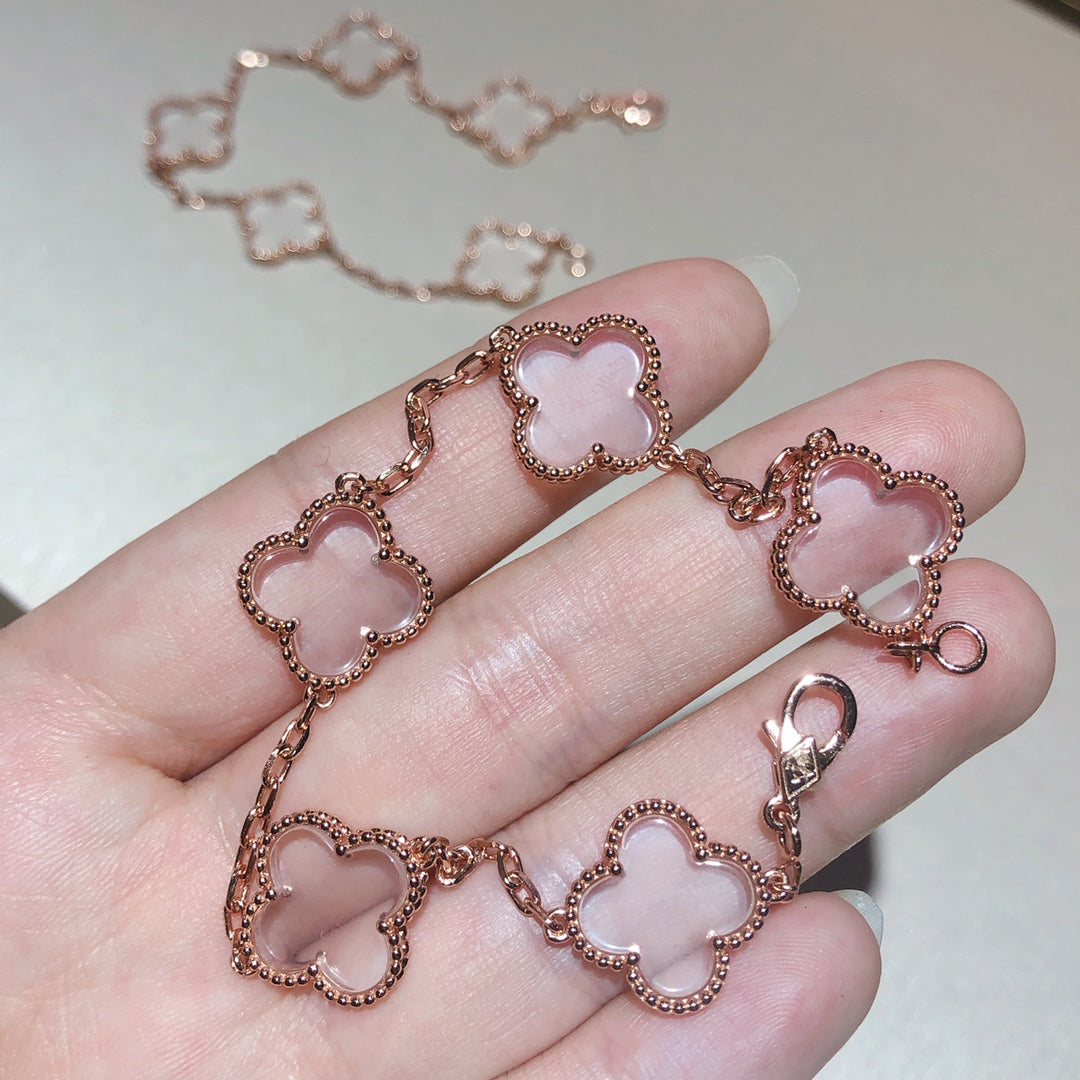 [Bloom]CLOVER 5 MOTIF ROCK CRYSTAL PINK GOLD BRACELET