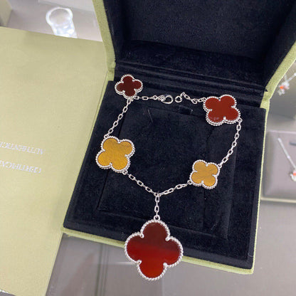 [Bloom]CLOVER 5 MOTIFS SIVLER CARNELIAN TIGER EYE BRACELET