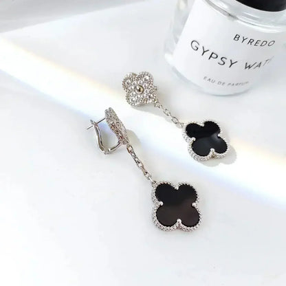 [Bloom]CLOVER 2 MOTIFS  DIAMOND ONYX EARRINGS SILVER