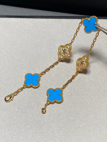 [Bloom]CLOVER 5 MOTIF BLUE CHALCEDONY DIAMOND GOLD BRACELET