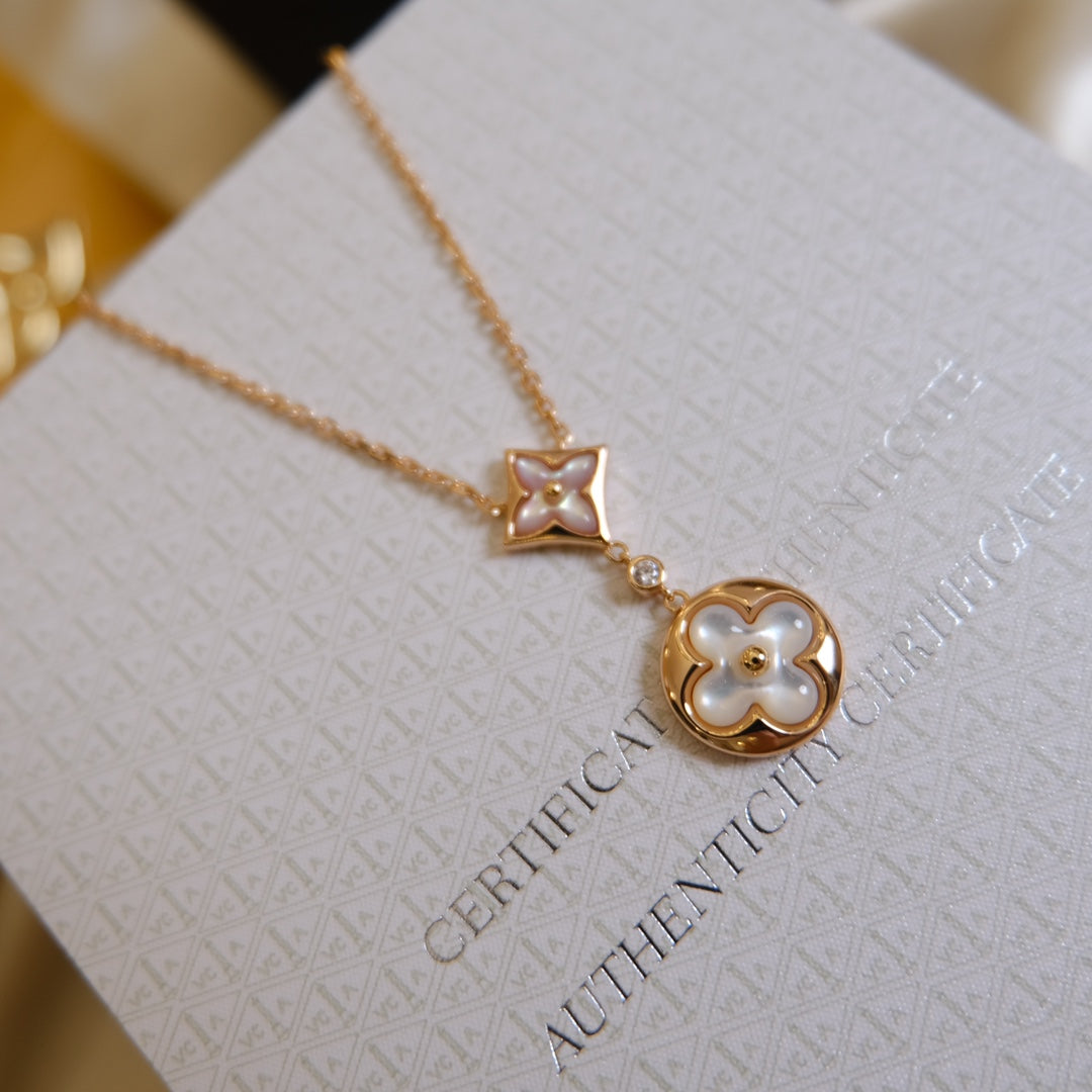 [Bloom]STAR AND SUN WHITE MOP 2 MOTIF PINK GOLD NECKLACE