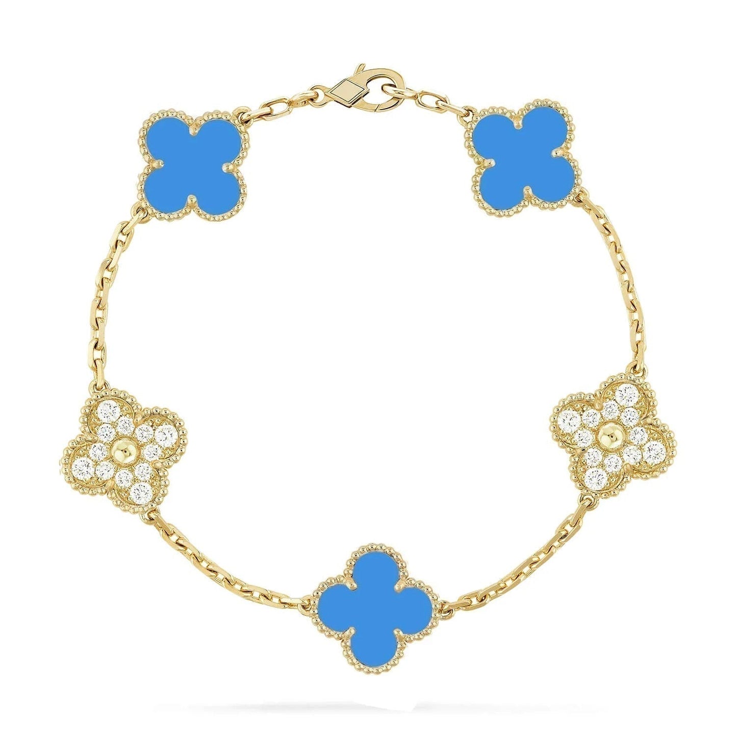 [Bloom]CLOVER 5 MOTIF BLUE CHALCEDONY DIAMOND GOLD BRACELET