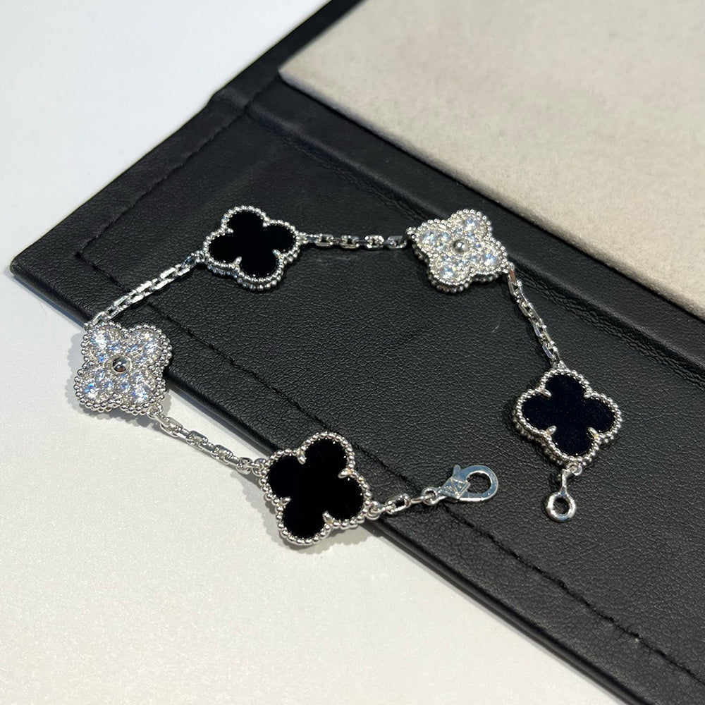 [Bloom]CLOVER 5 MOTIF ONYXS DIAMOND BRACELET SILVER